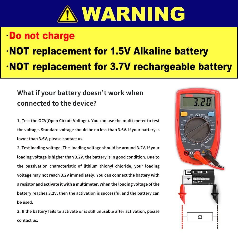 EEMB ER26500 C Size 3.6V 9000mAh Lithium Battery High Capacity Li-SOCL₂ Non-Rechargeable LS26500 SB-C01 TL-2200 for TPMS Automobile tire Pressure Monitor Smart Card Instrument Electricity Meter (4)