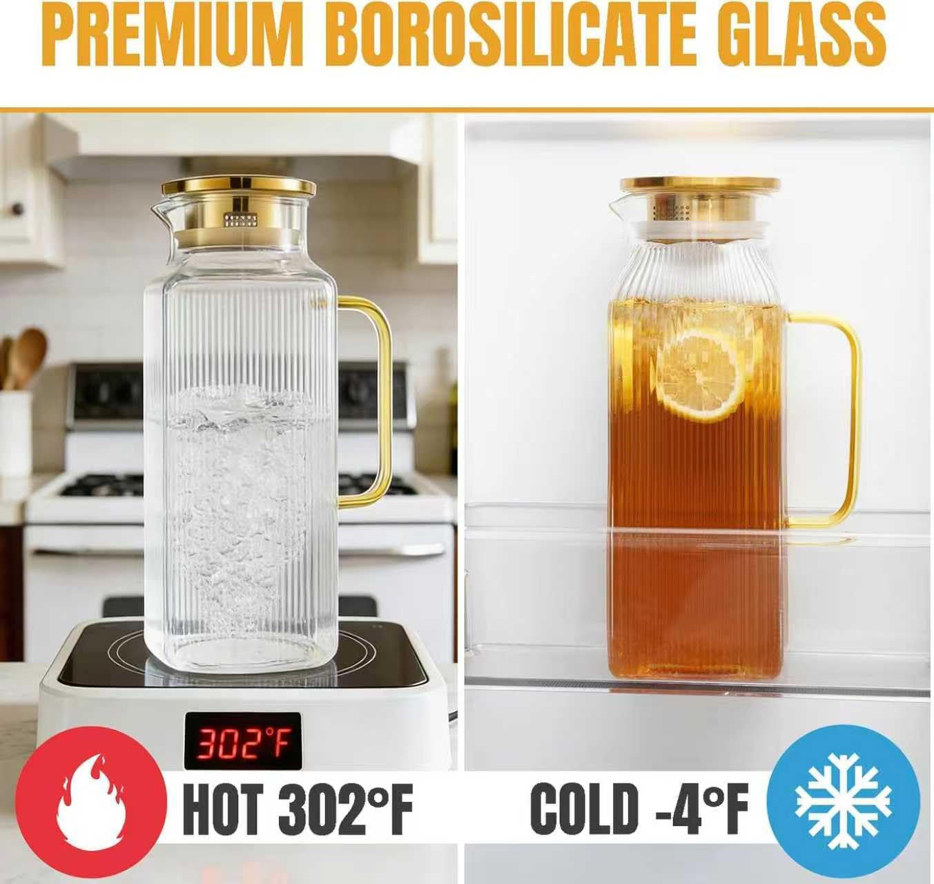 2 Pack 2 Liters/68 oz Square Glass Pitcher with Lid and Handle, Water Pitchers with Handle for Fridge, Borosilicate Glass Carafe with vertical stripe design for Hot/Cold Drink.