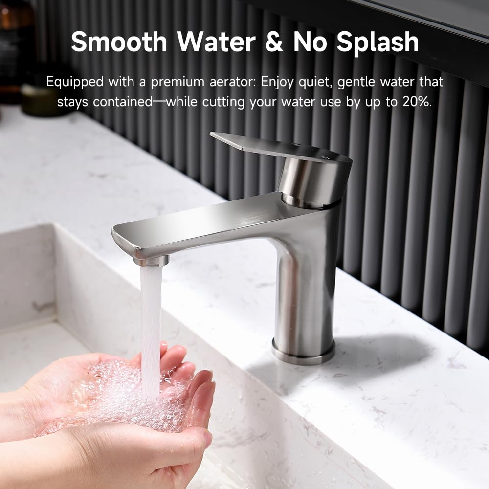 Brushed Nickel Bathroom Faucet Without Deck Plate & Pop-up Drain, Single Handle Stainless Steel Bathroom Sink Faucet, Single Hole Faucet for RV Camper Farmhouse Lavatory Bar Vanity Sink, BF019L