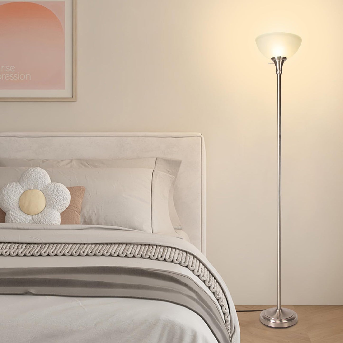 Floor Lamp Frosted White Glass Bowl Shade for Room Decor - Bedroom Decor - Brushed Nickel