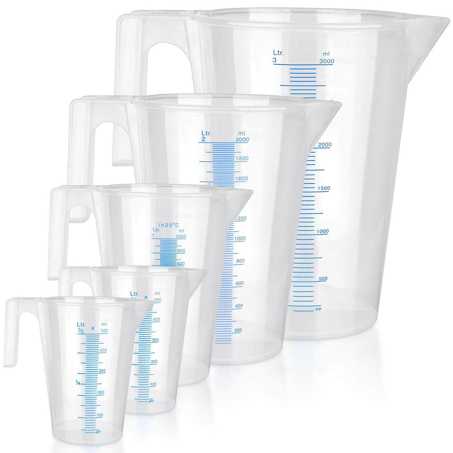 Supkiir 5Pcs Plastic Graduated Measuring and Mixing Pitchers, 3000/2000/1000/500ml Food Grade PP Shatterproof Pouring Cups for Paint Resin Epoxy Kitchen Lab Cooking Baking Ingredients