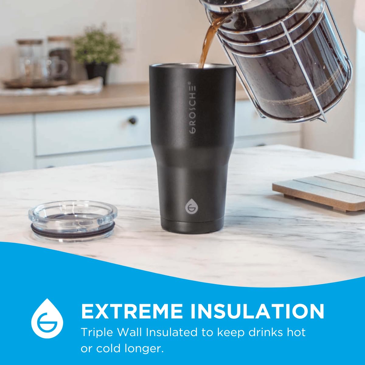 GROSCHE Yukon Insulated Coffee Mug with Lid - Durable Travel Mug, Stainless Steel Tumblers, Vacuum Insulated Coffee Tumbler for Hot or Cold Beverages, Canadian Brand! - 20 fl. oz, Black