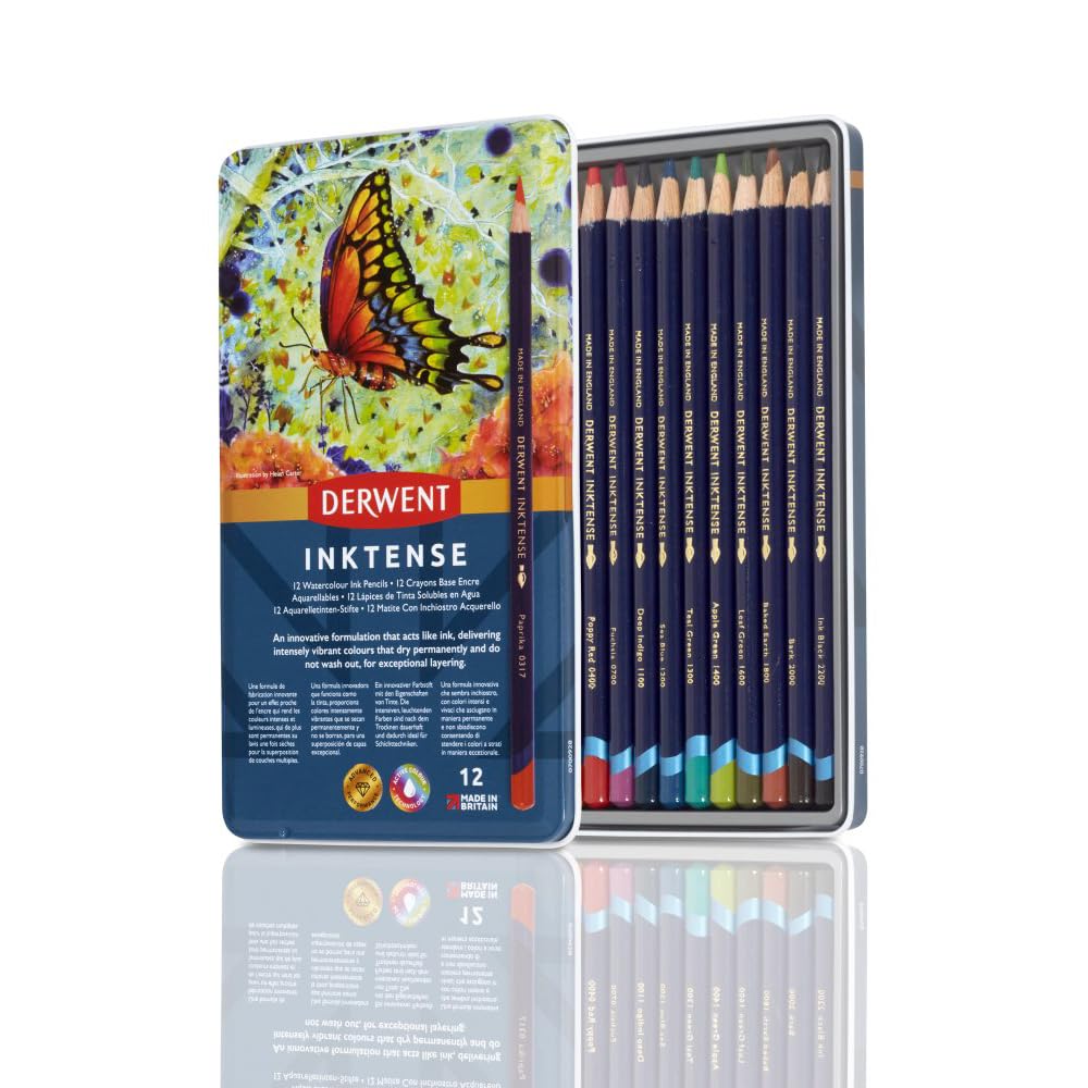 Derwent Inktense Pencils Tin, Set of 12, Great for Holiday Gifts, 4mm Round Core, Firm Texture, Watersoluble, Ideal for Watercolour, Drawing, colouring and Painting on Paper and Fabric (0700928)