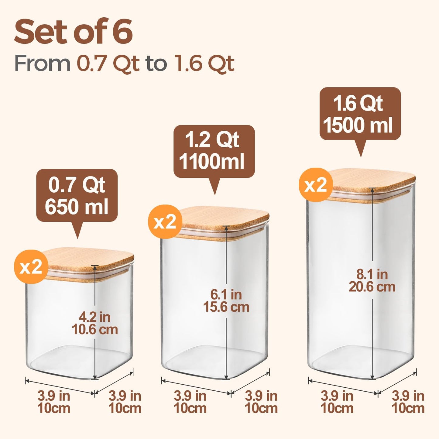 ComSaf Airtight Glass Storage Canister with Bamboo Lid (650ML/1.1L/1.5L) Set of 6, Clear Food Storage Container Kitchen Pantry Storage Jar for Flour Cereal Sugar Tea Coffee Beans Snacks, Square