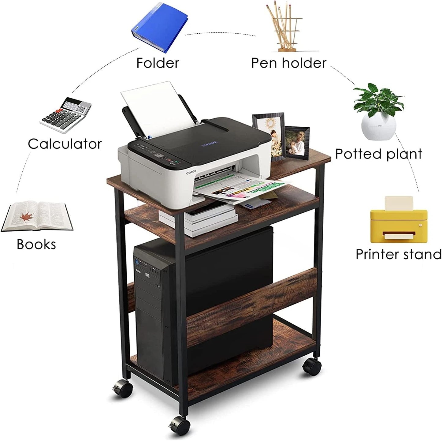 Printer Stand, Printer Rack with Casters, Desk Side Cart, Mobile Printer Stand, Wooden Cart with Rack, Brown
