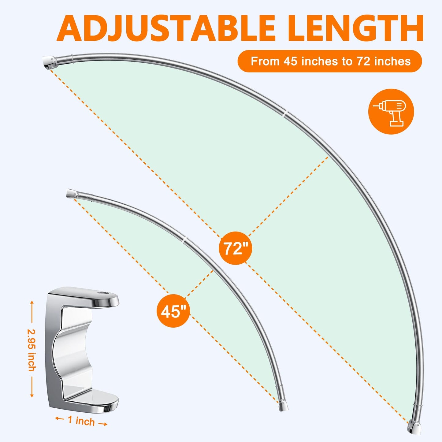 Curved Shower Curtain Rod, Adjustable 45-72 Inches Curved Shower Rod, Rustproof Shower Curtain Rod, Never Fall Telescoping Design for Bathroom, Silver, Need to Drill