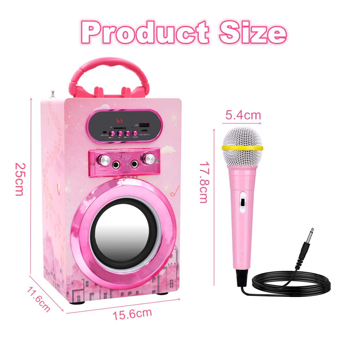 IndeCool Kids Bluetooth Karaoke Speaker with 2 Microphones, Remote Control Speaker Portable Karaoke Machine for Kids Adult Party Gift (Pink)