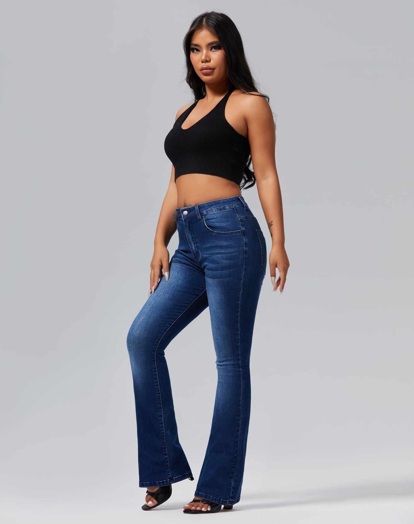 roswear Womens Mid Waist Bell Bottom Stretchy Flare Jeans Pants, Blue, Small