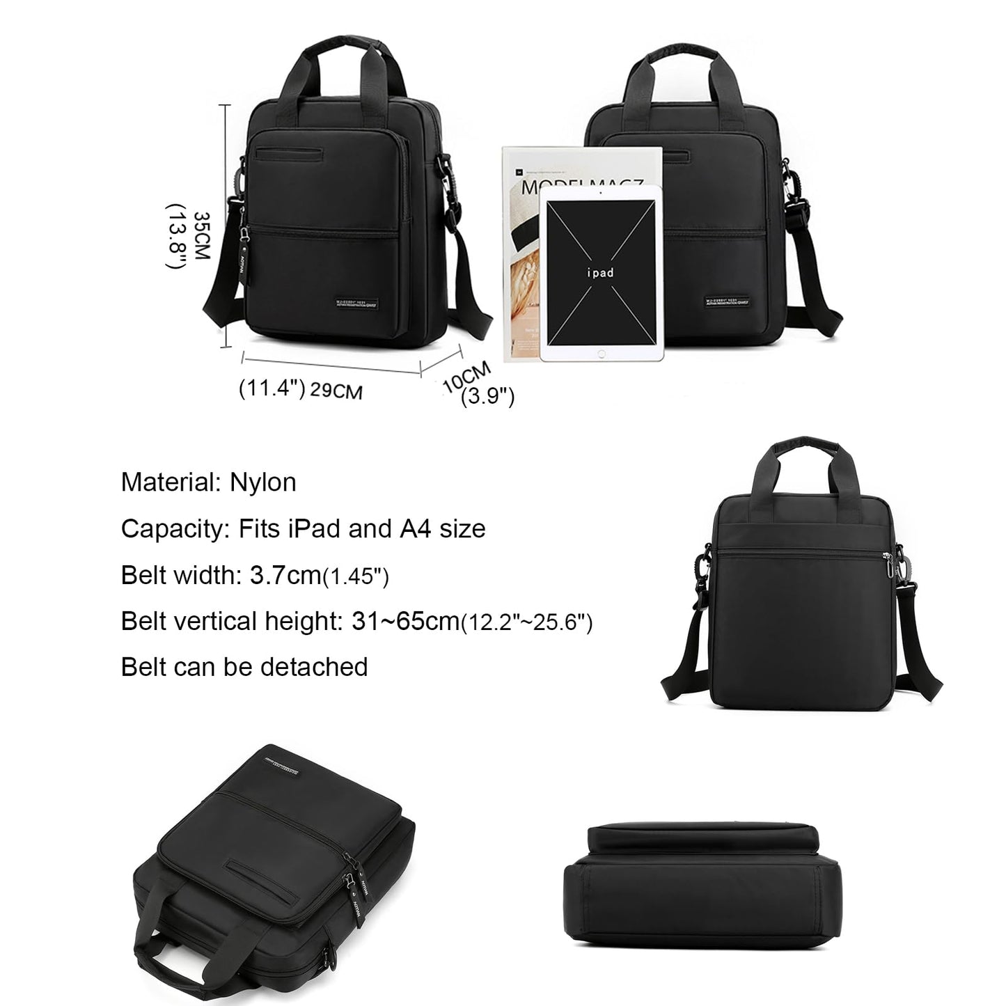 Men's 14-inch Laptop Messenger Bag Nylon Large Shoulder Bag Business Waterproof Casual Black Crossbody for Work Travel Outdoor
