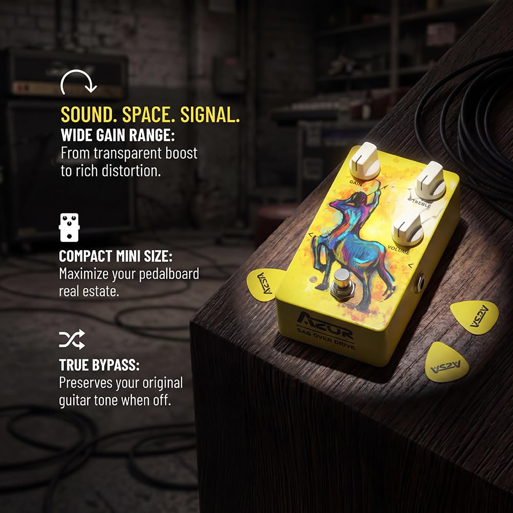 AZOR SAG Overdrive Analog Guitar Effect Pedal - True Bypass with Tilt-Angle Footswitch, High Gain for Electric Guitar, 3-Knob Control (GAIN/VOLUME/TONE), DC9V Powered, Low Noise