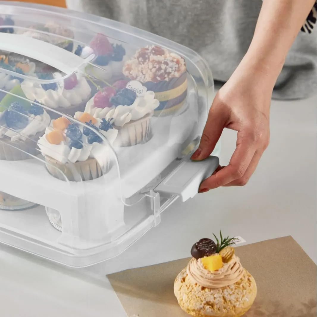 Top Shelf Elements Cupcake Carrier, Fashionable Green Cupcake Holder Carries 24 Standard-Size Cupcakes, Durable Muffin Traveler Two Tier Stand and Reusable Cupcake Box (White)