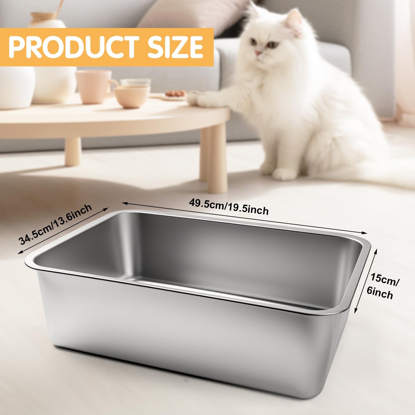 Stainless Steel Litter Box, High Sided Large Metal Cat Litter Boxes Easy Clean, Non Stick No Smell Cat Litter Box for Adult Cats/Kitty/Kitten