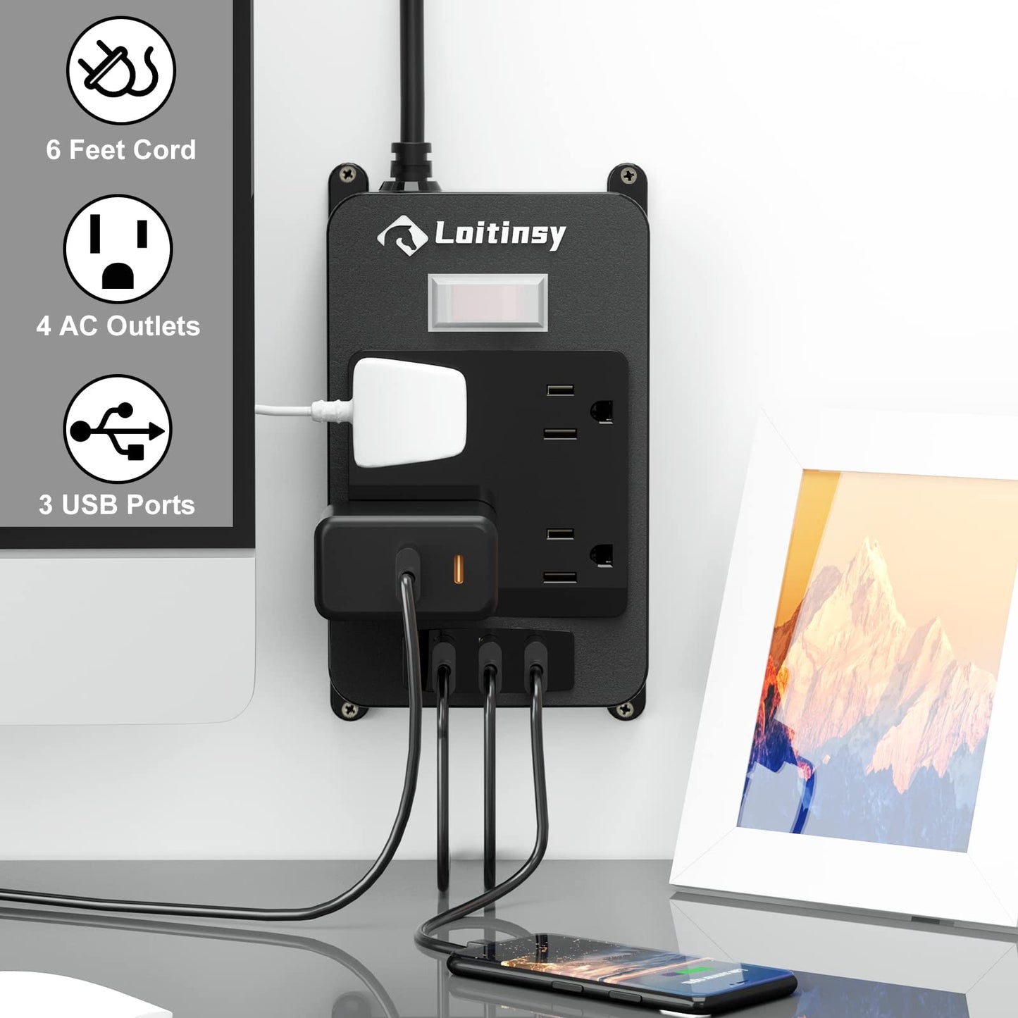 Outdoor Power Bar Waterproof, Outdoor Surge Protector Extension Cord 6 Feet with 4 Outlets, 3 USB Ports, Wall Mountable Power Bar, Overload Protection, Waterproof Outlet Extender for Kitchen, Bathroom