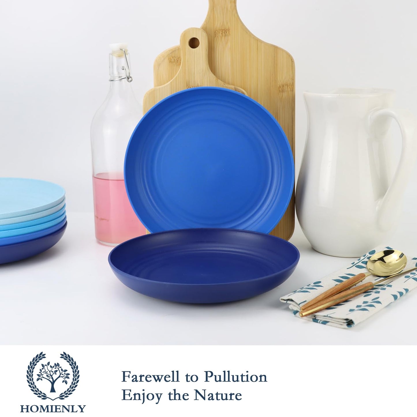 Homienly Dessert Plates Set of 8-8 inch Plate Set Wheat Straw Plates for Kitchen Unbreakable Plate for Dessert, Appetizer,Pancakes, Microwave & Dishwasher Safe Kitchen Essentials(Blue Series)