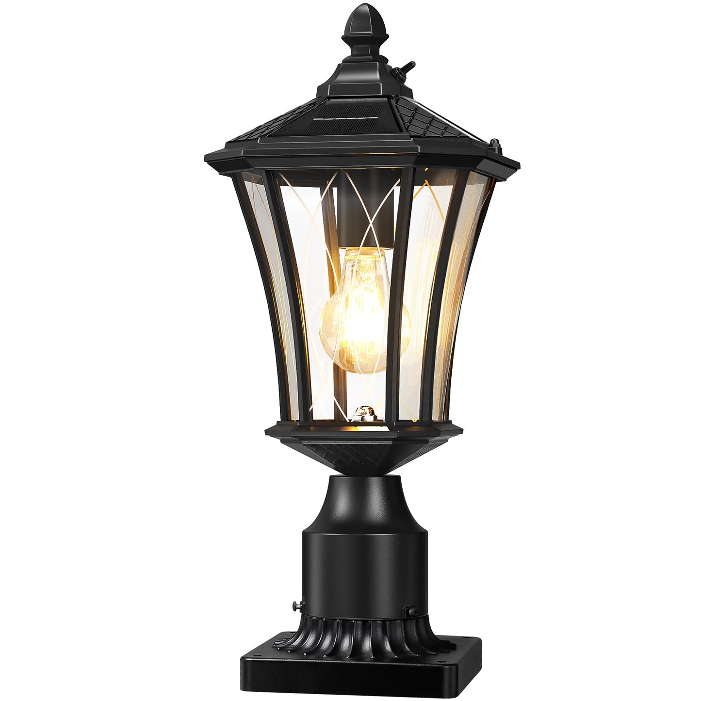 YSN 16" Solar Post Lights Outdoor, Dusk to Dawn Outdoor Post Lights with Pier Mount Base, Black Solar Lamp Posts Light Fixture, Waterproof Light Posts for Outside Yard Garden Patio, 1 Pack