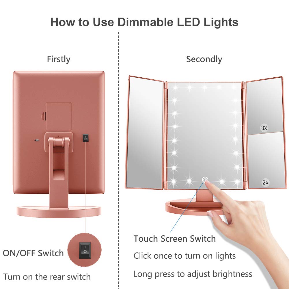 WEILY Vanity Makeup Mirror,1x/2x/3x Tri-Fold Makeup Mirror with 21 LED Lights and Adjustable Touch Screen Lighted Mirror Dressing Mirrors for Women (Rose Gold)