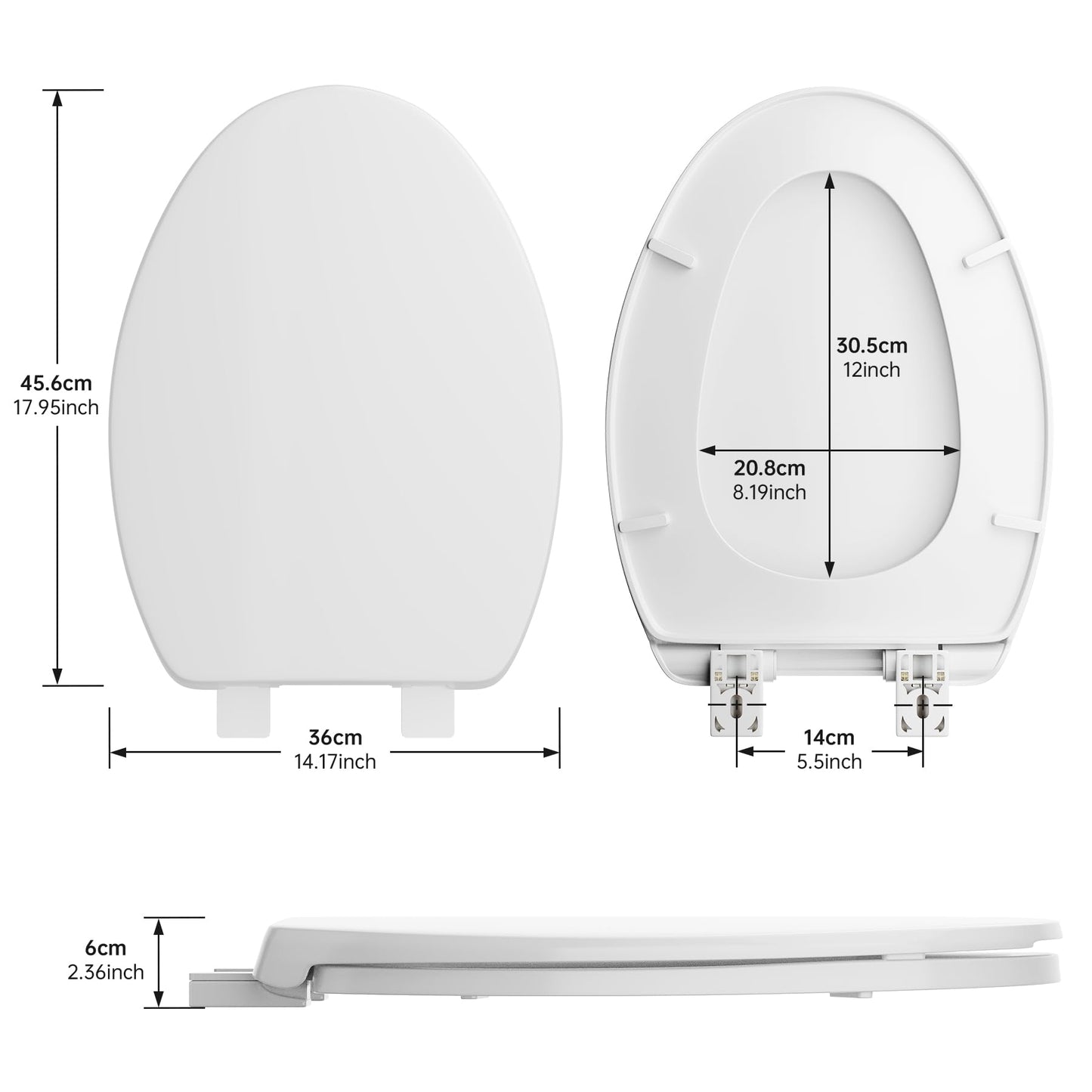 Toilet Seat Elongated, Oval Toilet Seats with Cover Quiet Close, Never Loosen Bumpers, Easy Removing and Cleaning, White, 18.5" L x 14" W