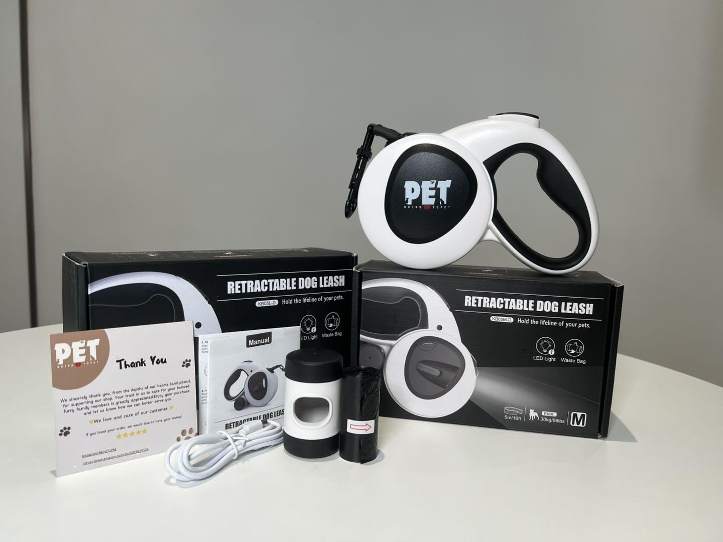 BKINDTOPET 4-in-1 Retractable Dog Leash 16ft with LED Light, Poop Bag Dispenser & Bags – Heavy Duty, Tangle-Free Leash for Small & Medium Dogs up to 66lbs, One-Button Brake & Anti-Slip Handle (M)