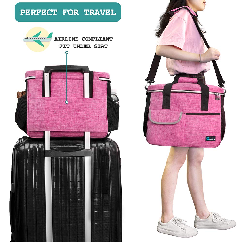 PetAmi Dog Travel Bag | Airline Approved Tote Organizer with Multi-Function Pockets, Food Container Bag and Collapsible Bowl | Perfect Weekend Pet Travel Set for Dog, Cat (Pink, Small)