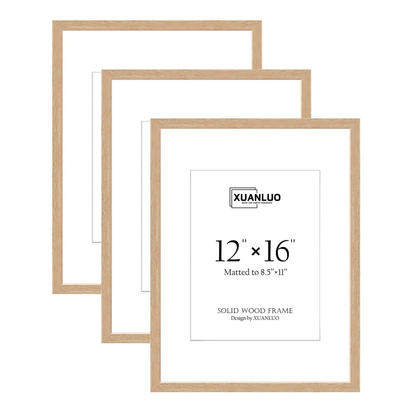 XUANLUO Picture Frames-3 Pack 12x16 Picture Frame,Natural Oak Wood Photo Frames,Display 8.5x11 with Mat or 12x16 Without Mat,Wall Display Ideal for Home Decor