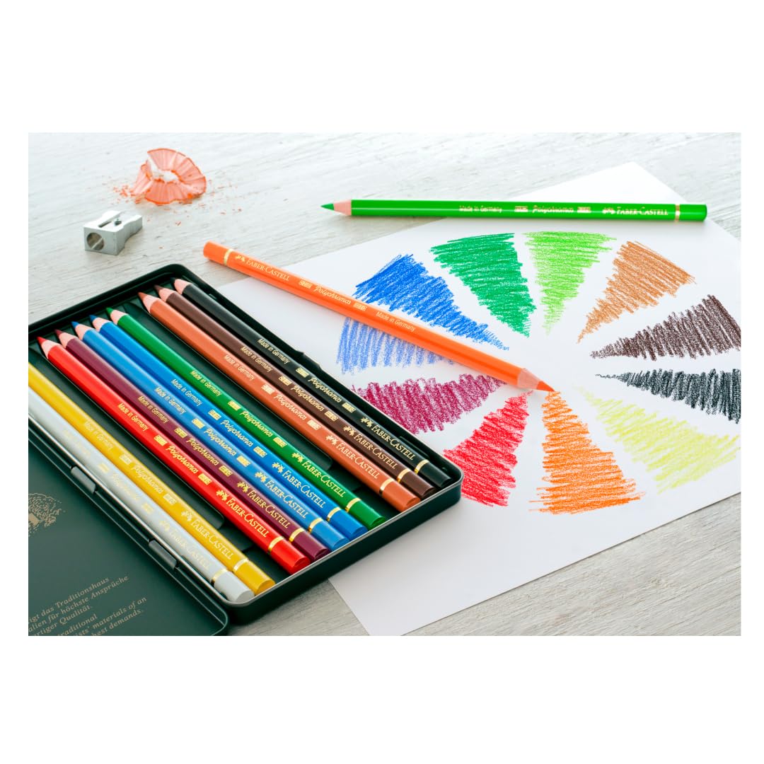 Faber-Castell 110012 Polychromos Coloured Pencils, Set of 12 Professional Coloured Pencils in Metallic Case, Drawing Pencils Set with 3.8 mm Lead, Acid Free Pigments for Variety of Surfaces