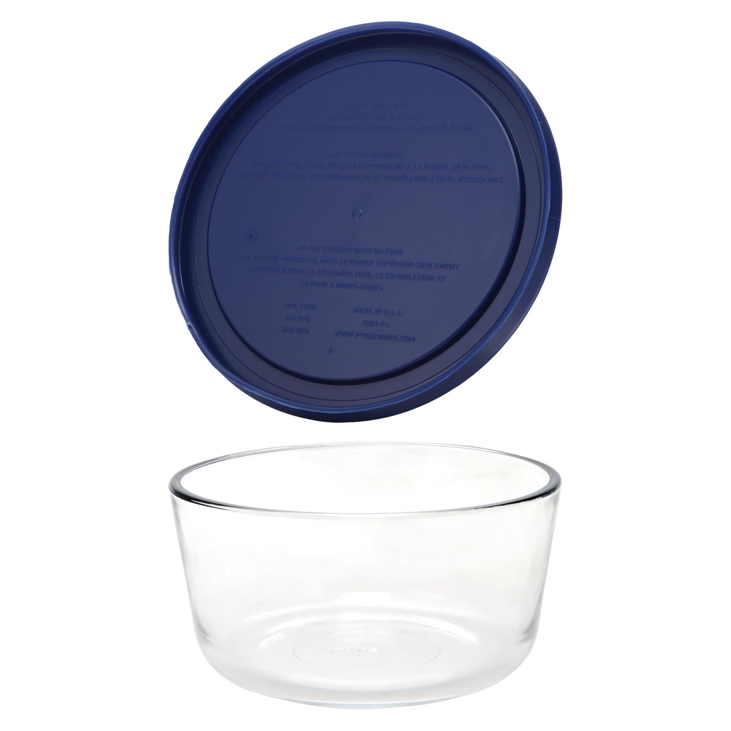 Pyrex Storage 4-Cup Round Dish with Dark Blue Plastic Cover, Clear (Pack of 2 Containers)