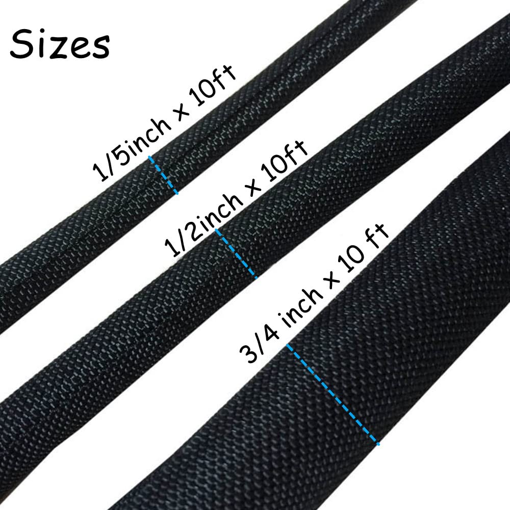 Black Cable Sleeve, 30Ft PET Braided Wire Cord Cover, 1/5, 1/2, 3/4 Inch Expandable Bulk Cables Sleeving, Wire Protector Tubing, Wire Management Automotive Wires Loom Mesh for Electrical Wires Conceal