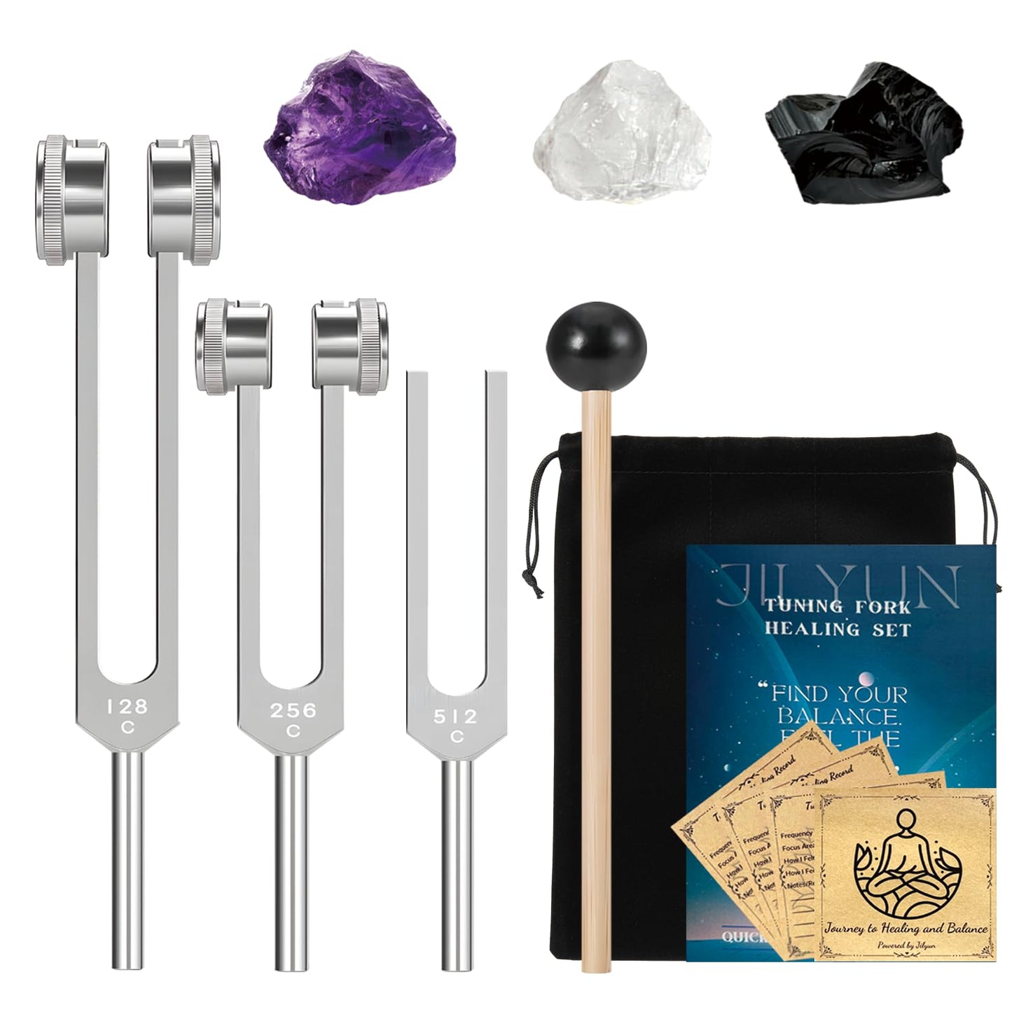 Sound Healing Tuning Fork Set – 128Hz, 256Hz, 512Hz for Chakra Balancing, Meditation & Yoga with Crystals (Obsidian, Amethyst, Clear Quartz) – Complete Kit with Mallet, Storage Pouches & Gift Box