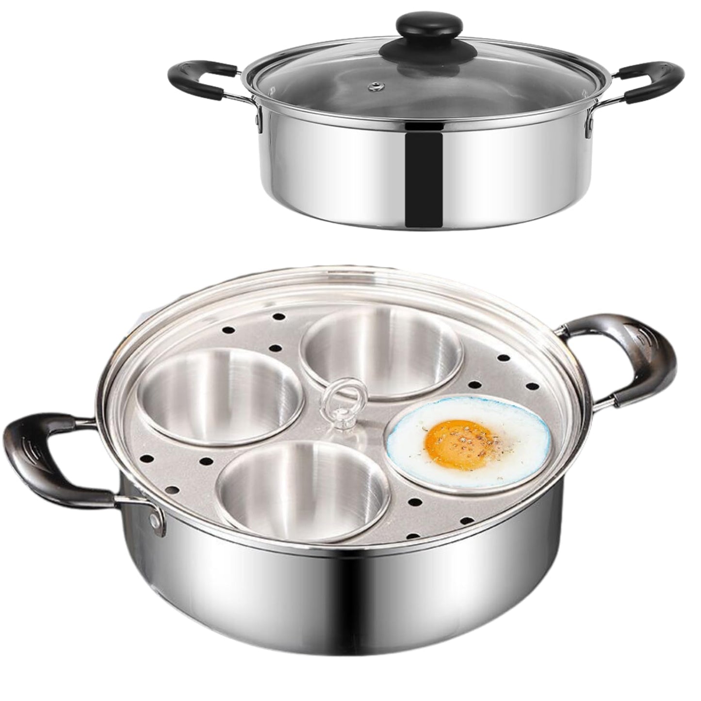 GOVNPJ Egg Poacher Pan, 4-Cup Stainless Steel Egg Poacher, Silver