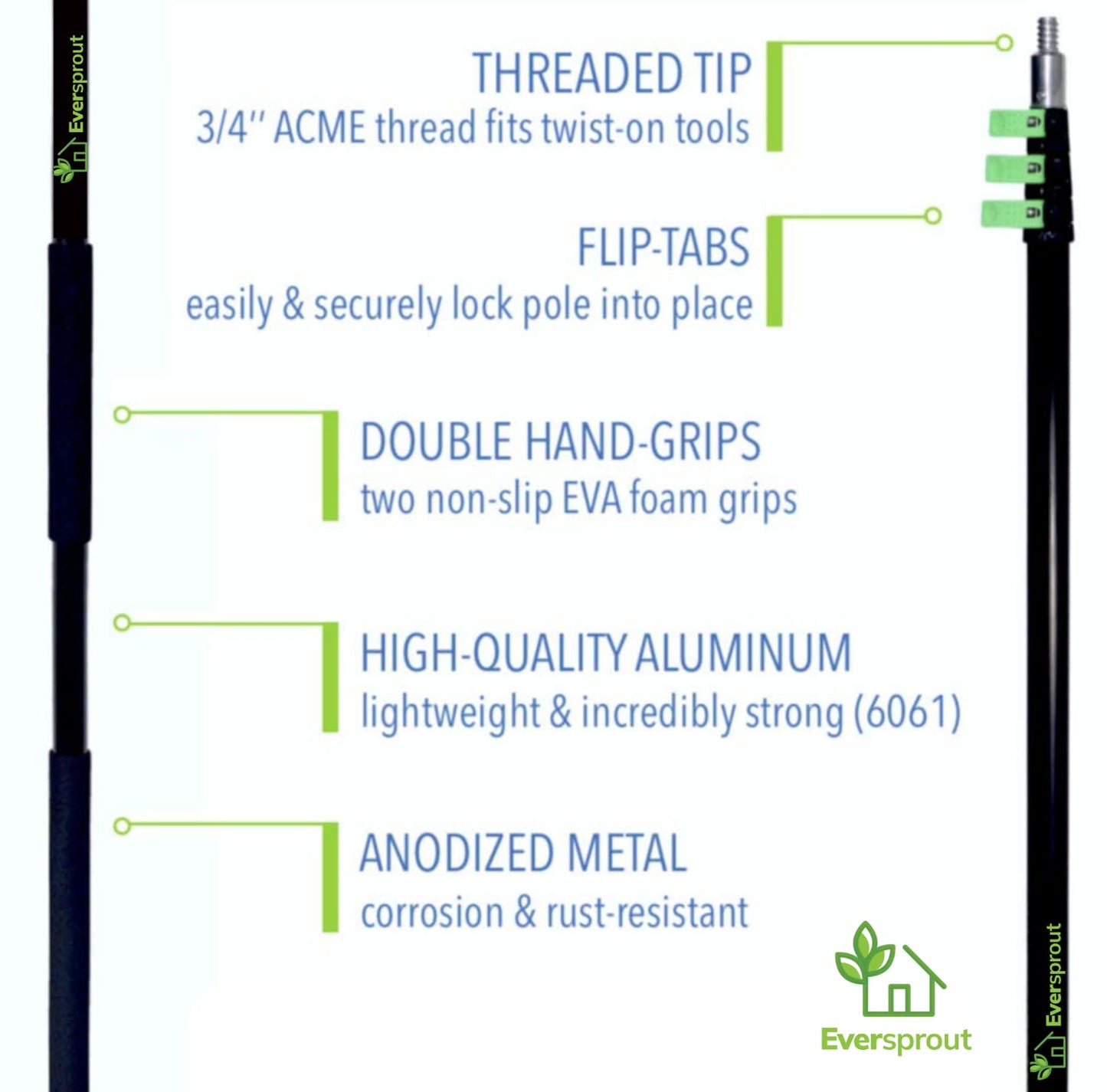 EVERSPROUT 7-to-24 Foot Telescopic Extension Pole (30 Foot Reach) | Heavy Duty, Rust-Resistant Aluminum | 3/4” Thread Tip Works for Twist-On Squeegee, Duster, Paint Roller, Bulb Changer (Pole only)