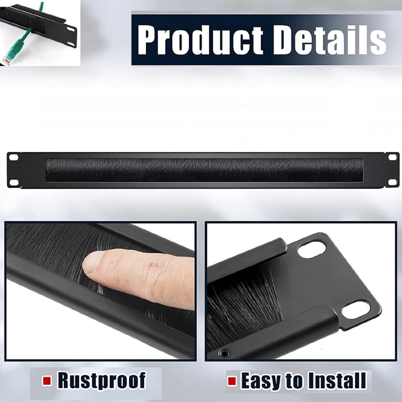 KUYEFGF 1U 19 Inch Rack Mount Brush Panel | Cable Entry Management Passthrough | Black Metal Rack Brush Cables Organizer