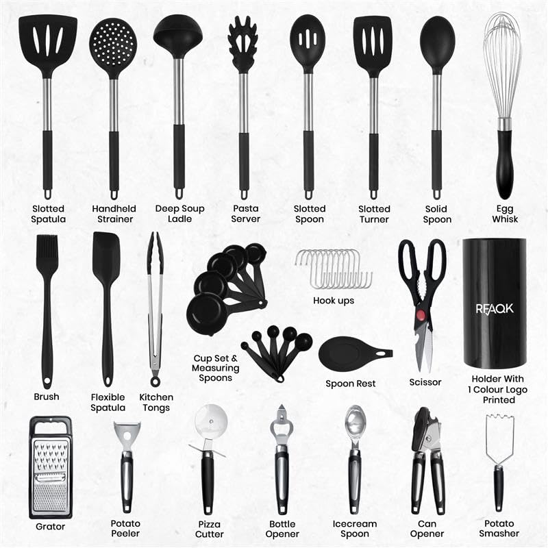 40PCs Silicone Cooking Utensils Set 446℉ Heat Resistance, RFAQK BPA Free Kitchen Utensils Set for Nonstick Cookware, Gadgets Includes Can Opener, Potato Smasher,Peeler,Tongs,Spatula Set,Pizza Cutter