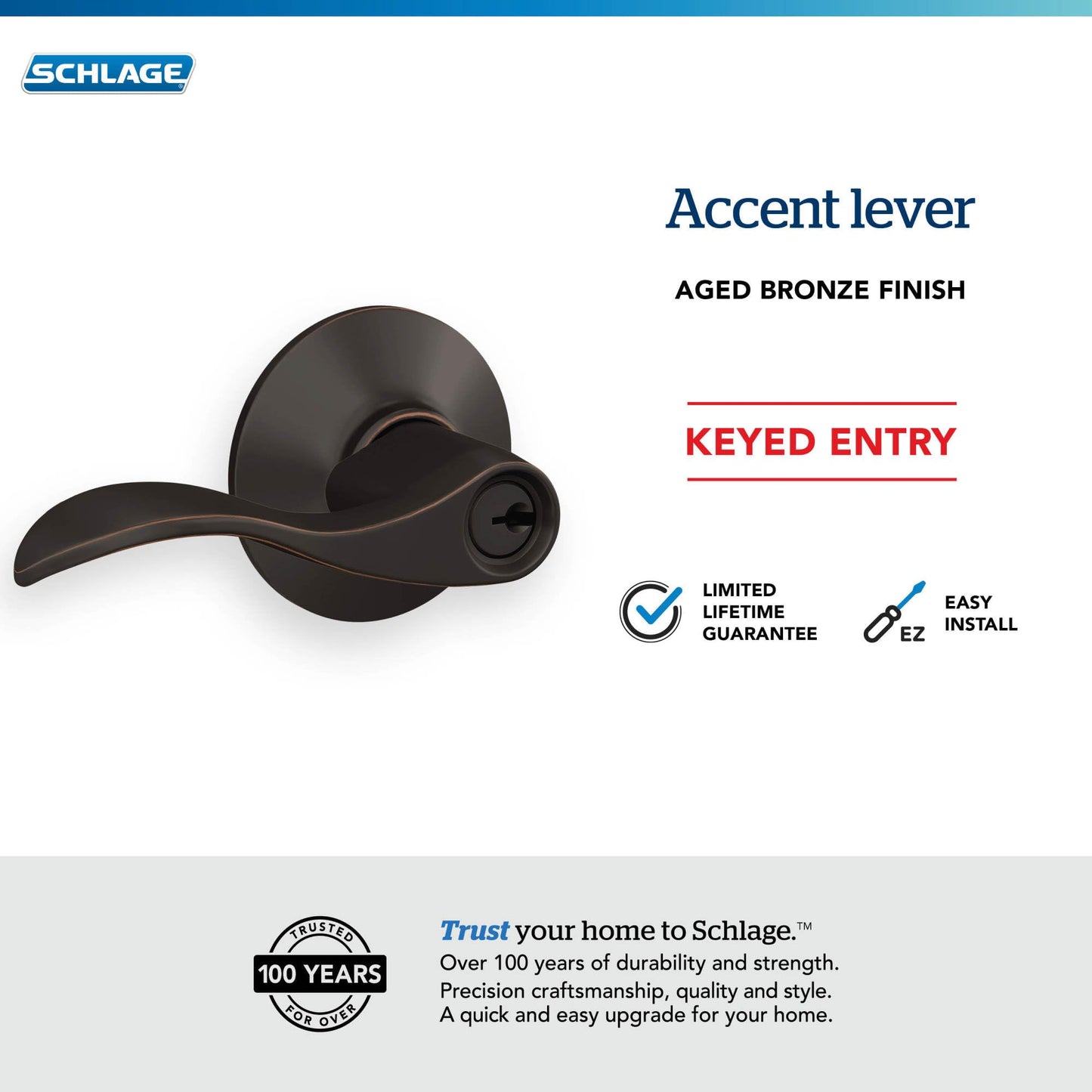 Schlage F51A Acc 716 Accent Keyed Entry Lever, Aged Bronze