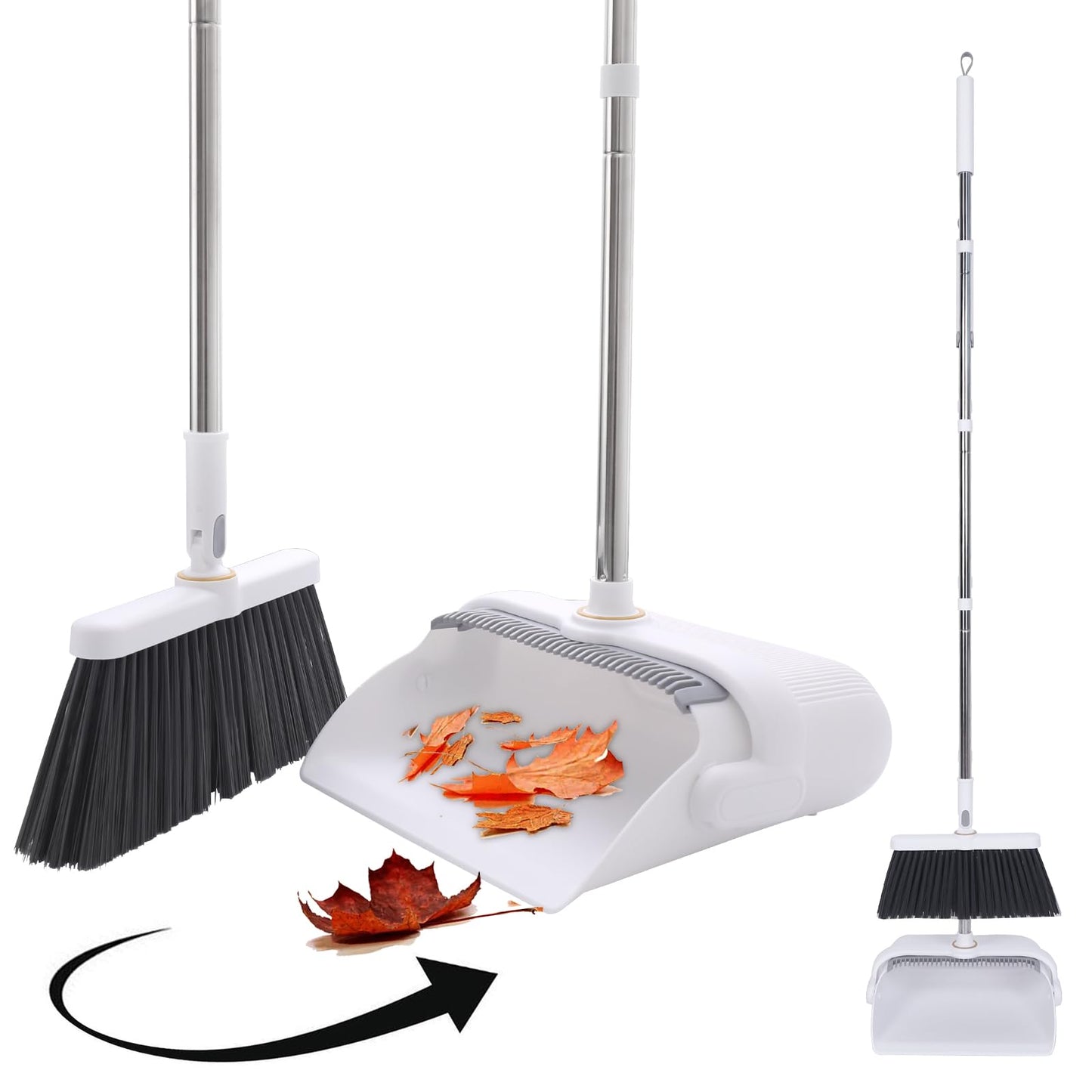 Upgrade Broom with Dustpan Combo Set with Ergonomic Adjustable Handle, Cleaning Teeth, Ideal for Pets, Indoor and Outdoor Sweeping（White）