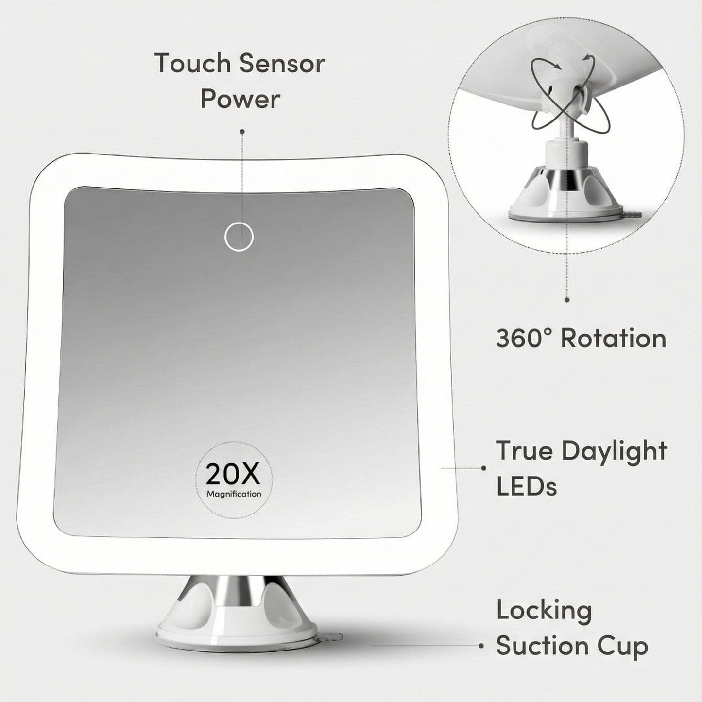 Fancii 20x Magnifying Makeup Mirror with LED Lights, Rechargeable, High Zoom | 7-inch Large Lighted Travel Mirror for Vanity and Bathroom, Dimmable, 3 Light Settings, Strong Suction, 360° Rotation