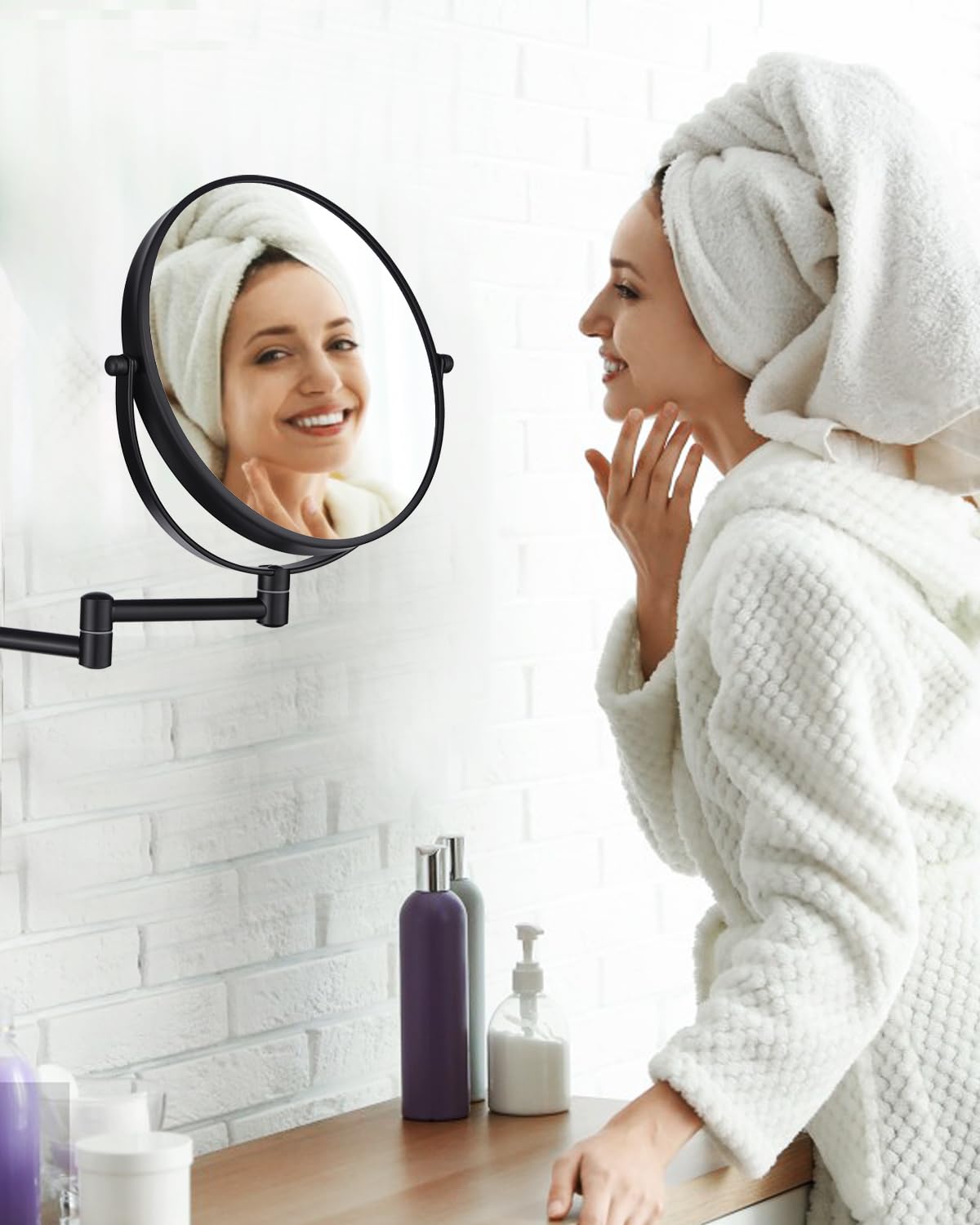 Wall Mounted Makeup Mirror - 1X/10X Magnifying Mirror for Wall, 8 Inch Double Sided 360° Swivel Extendable Bathroom Mirror for Shaving, Black DECLUTTR