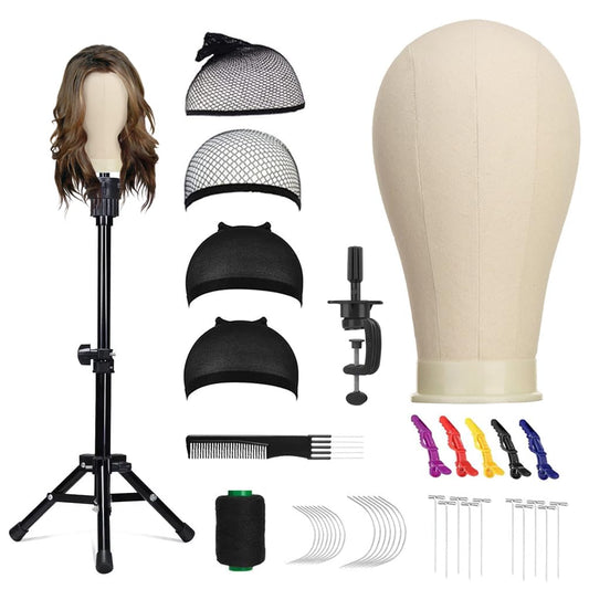 22 Inch Wig Head (White), Wig Stand Tripod with Head, Canvas Block Head Mannequin Head Stand Wig Display Styling Head With Mount Hole, Manikin Canvas Head Block Set for Wigs Making Display with Wig Caps, T Pins C Pins Set Bristle Brush