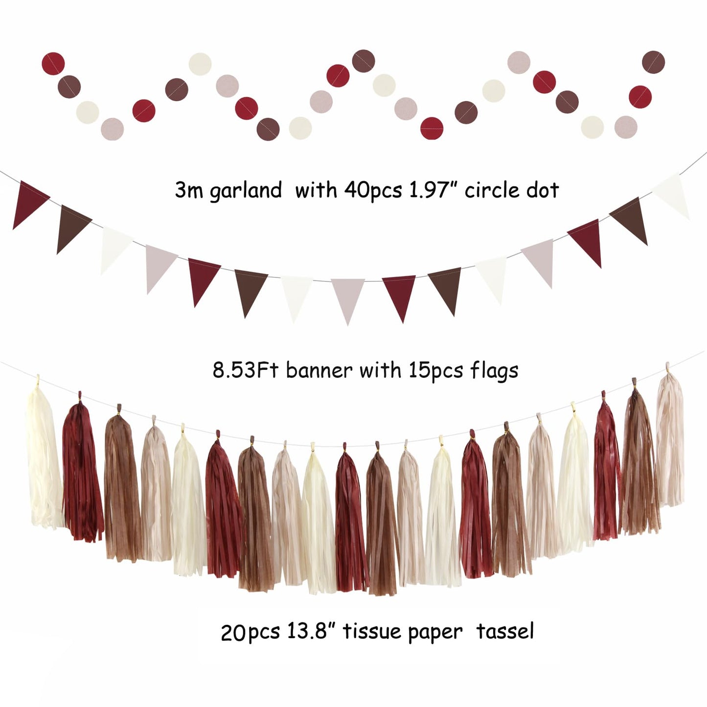 Brown Burgundy Champagne Dusty-Pink Party-Decorations - 33pcs Banner,Streamers Tassel Garland,Fall Boho Baby Shower,Wedding Tissue Pom Poms Honeycomb,Paper Lantern Fan,Birthday,Engagement Hugtmr