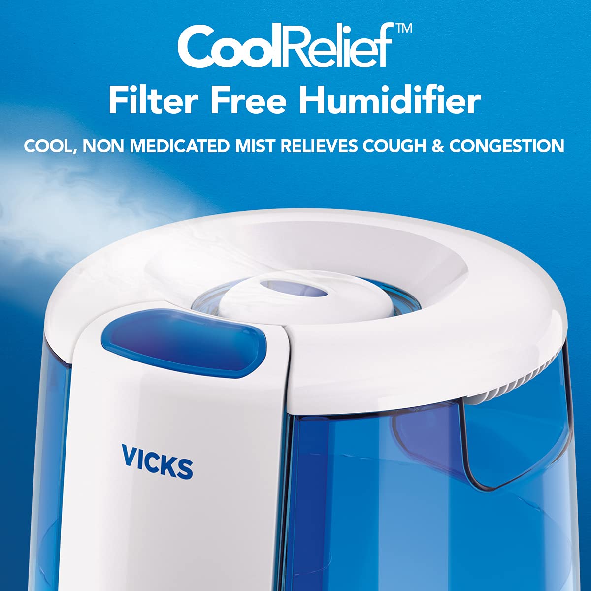 Vicks VUL600C CoolRelief Ultrasonic Cool Mist Humidifier, Medium Room Humidifier for Baby, Bedroom, Office Desk, with Variable Output Control, Scent Pad Slots, Inhalant Cup, Auto Shut-Off, 4.5L/1.2Gal