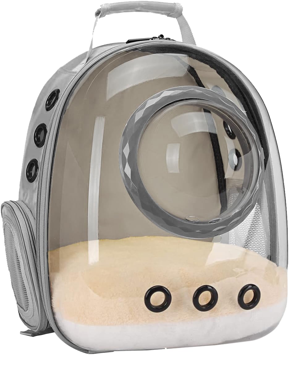 Space Capsule Astronaut Pet Backpack Carrier for Cat and Small Dog, Clear Bubble Dome Window with Soft Pillow, Airline Approved (Grey)