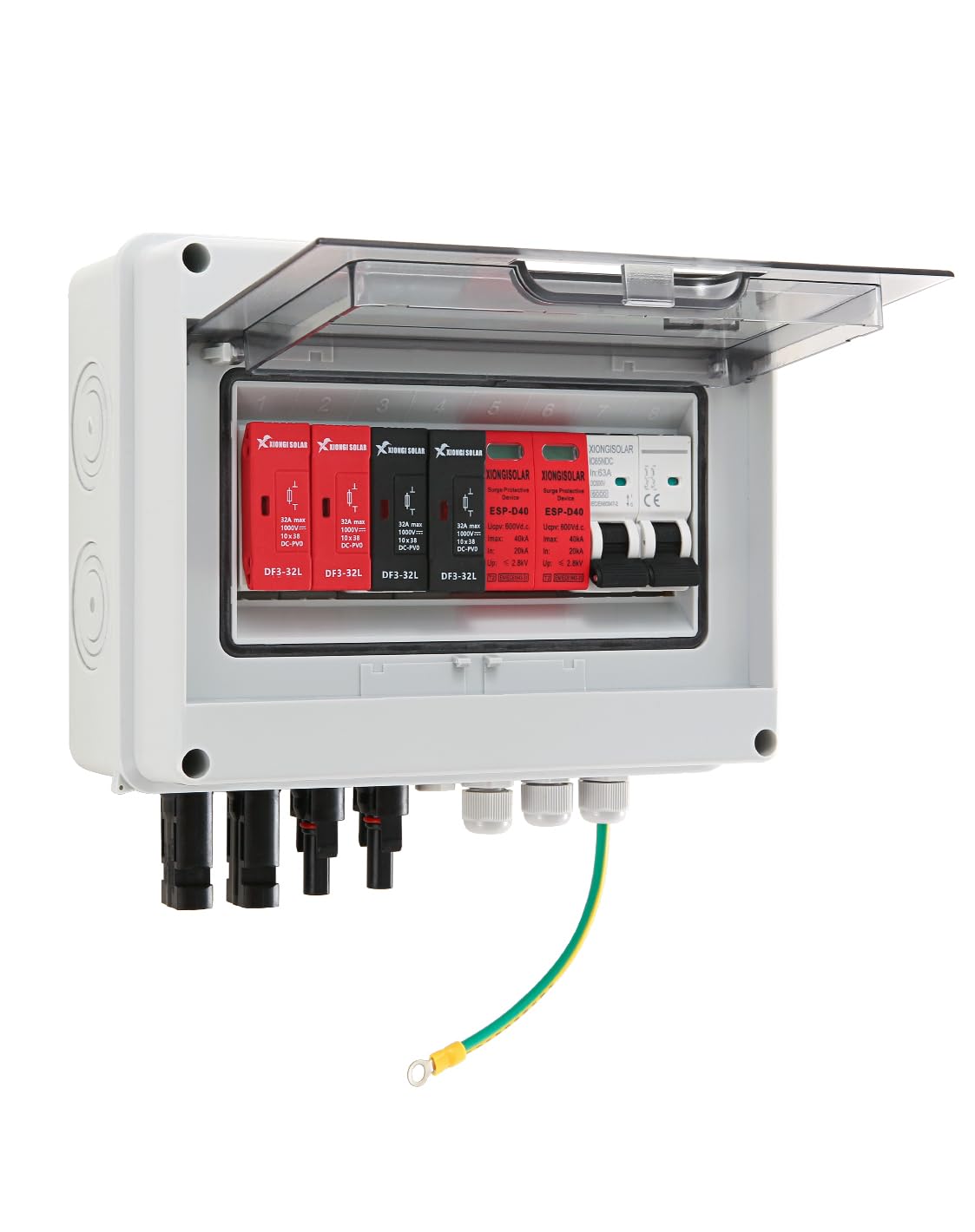 VOU 600V Solar DC PV Combiner Box,2 String with Lightning Arrester Connector for On/Off Grid Solar Panel System,2 Input 1 Out 15A Rated Current Fuse,63A Circuit Breaker,IP65 Waterproof,MCB,SPD