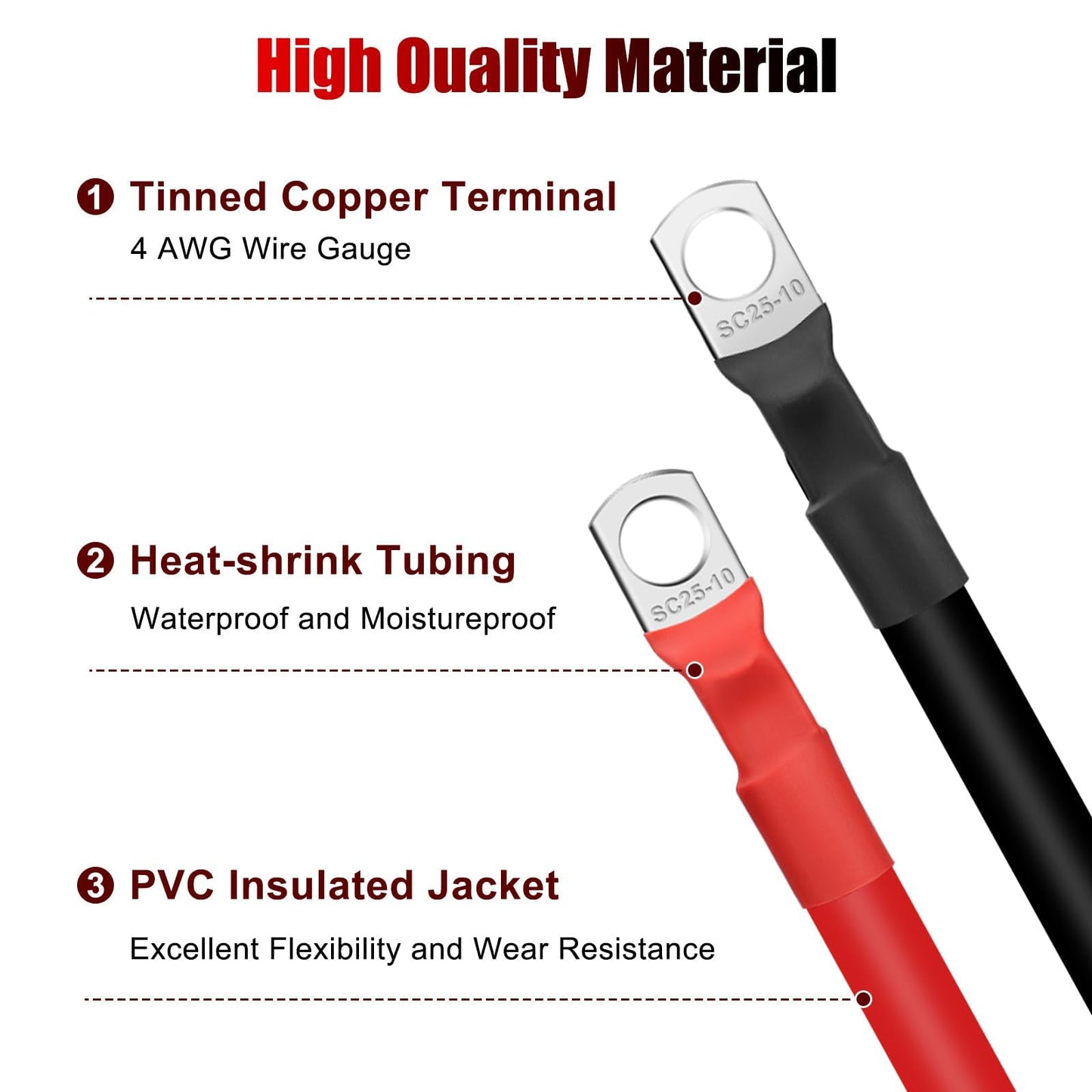 Linkstyle 6PCS 4 AWG 12 Inch Battery Cables, 30CM pure Copper Battery Inverter Wire Cables Set with 3/8" Tinned Copper Lugs, for Automotive,Solar, ATV, RV, Marine