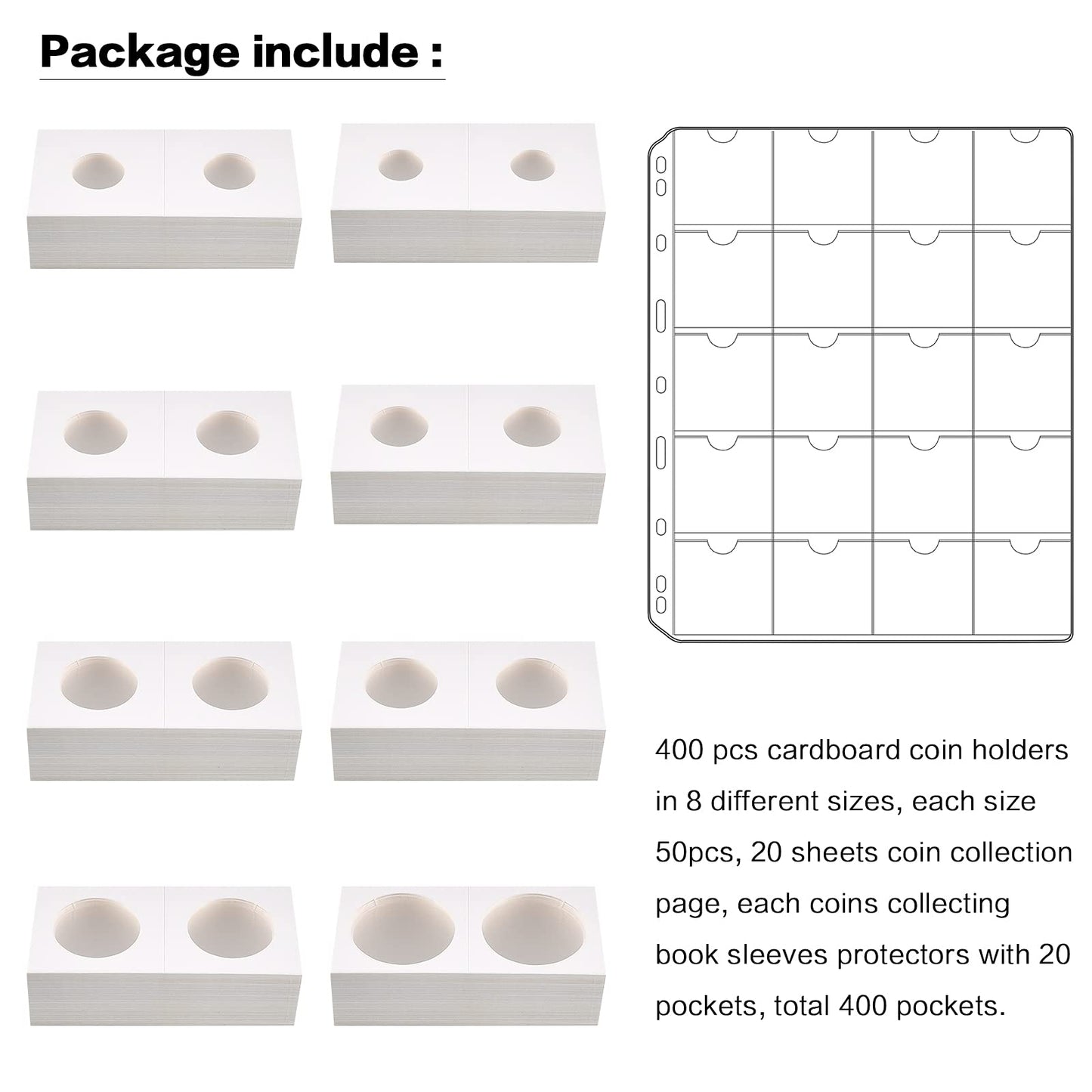 400 Cardboard Coin Holder for Collectors With 20 Sheets Pocket Pages, Collecting Book Sleeves Protectors Storage and 8 Size 2" x 2" Currency Holders for Collection Supplies