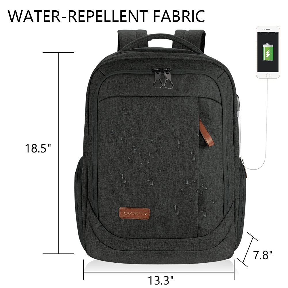 KROSER Laptop Backpack Large Computer Backpack for 15.6-17.3 Inch Laptop with USB Charging Port Water-Repellent School Travel Backpack Casual Daypack for Business/College/Women/Men-Charcoal Black