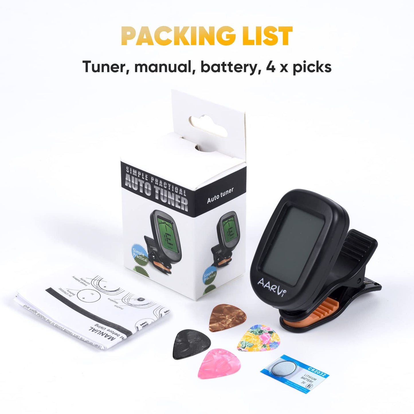 Clip On Guitar Tuner 5 Pack for All Instruments, Acoustic/Electric Guitar, Ukulele, Bass, Violin, Banjo, Large Clear LCD Display for Guitar Tuner, Chromatic Tuner, 20 Pack Guitar Picks Included