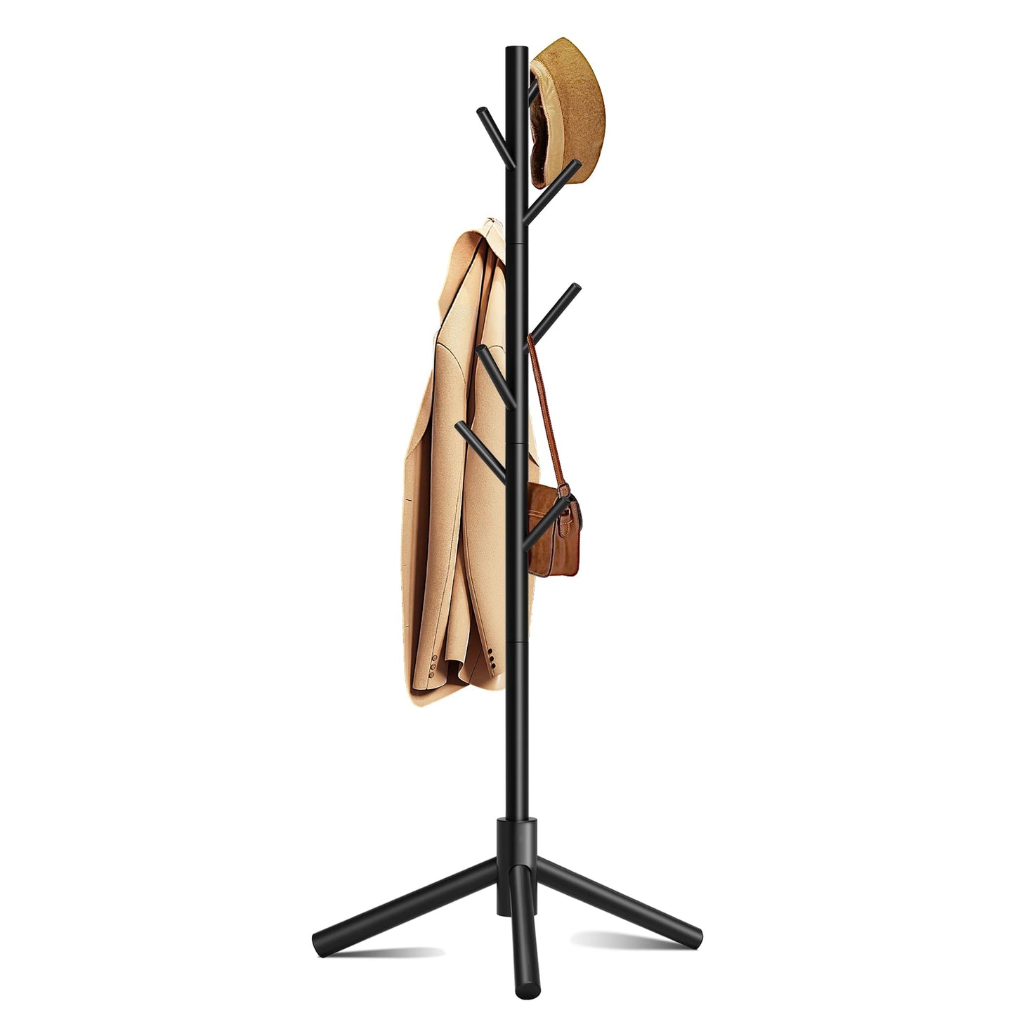 Azaeahom Wooden Coat Rack, Free Standing Coat Rack with 8 Hooks 3 Adjustable Heights for Clothes, Hats, Handbags, Coat Tree Easy Assembly for Entryway, Bedroom, Hallway, Office (Black, 1PC)