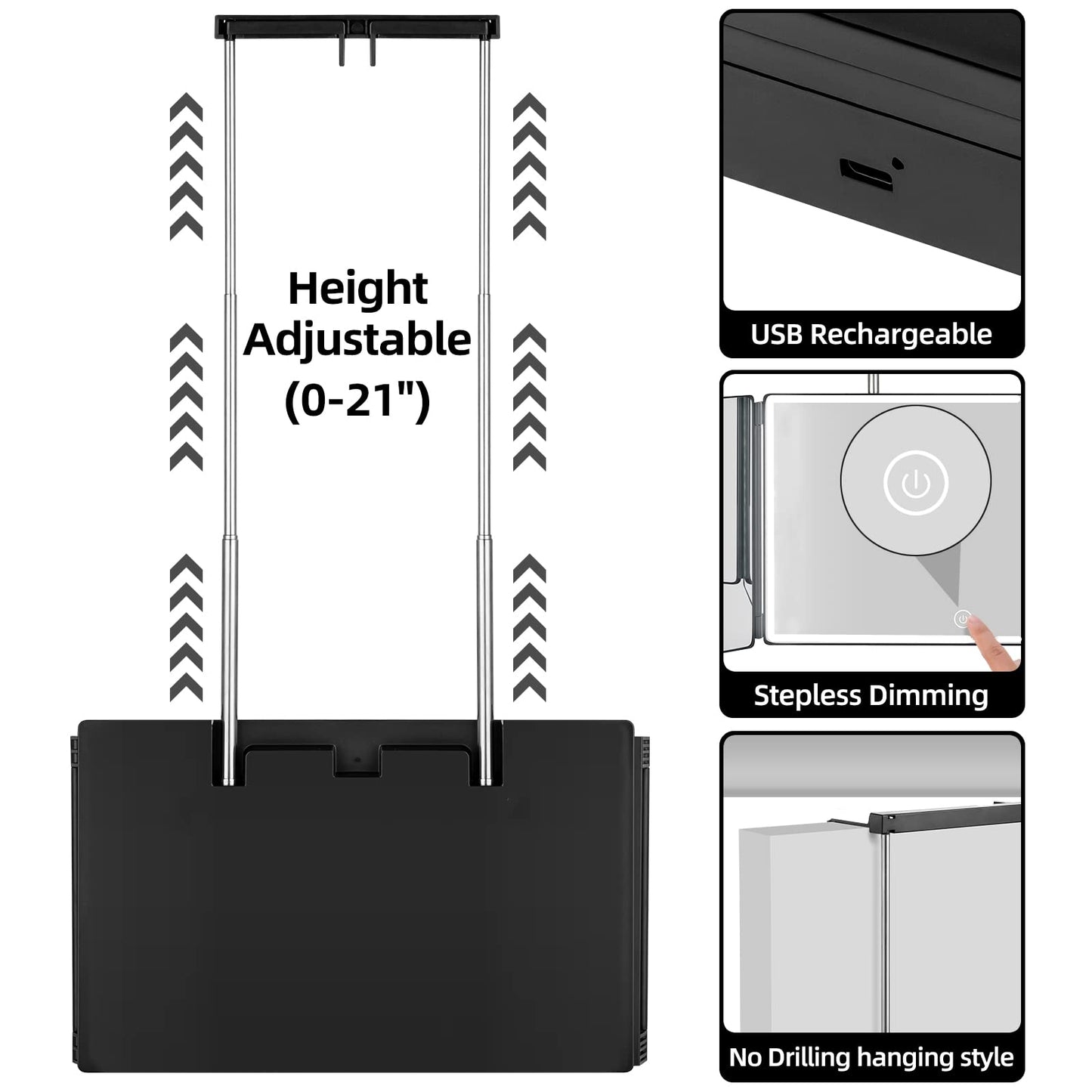 Rechargeable 5 Way Mirror for Hair Cutting, Real Glass Adjustable Trifold Mirror with Light & Telescoping Hooks for Makeup & Styling - Portable DIY Tool to Cut, Trim or Shave Your Head & Neckline