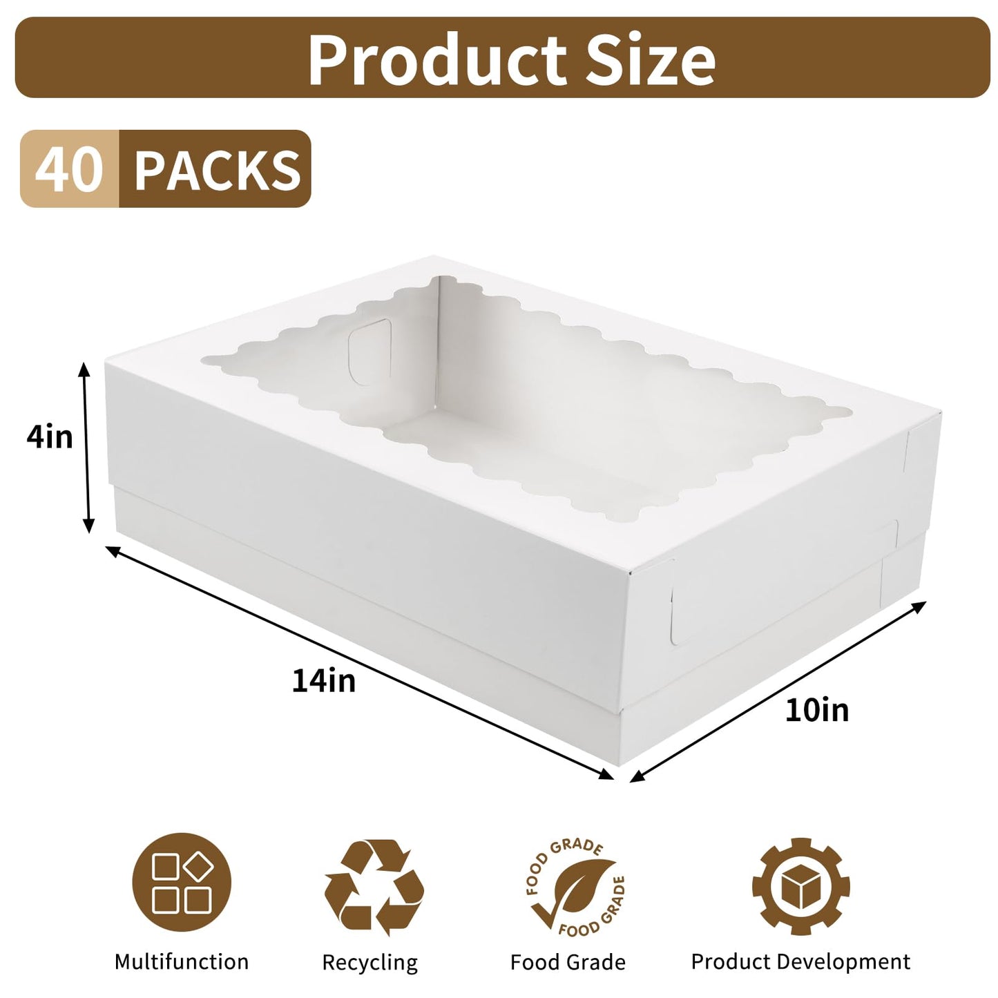 Moretoes 40pcs 14x10x4in Cake Boxes, Quarter Sheet Bakery Boxes with Window, for Pastry Baking Cake, Cupcakes, Donuts, Cookies, Pie Treat Packaging White Large