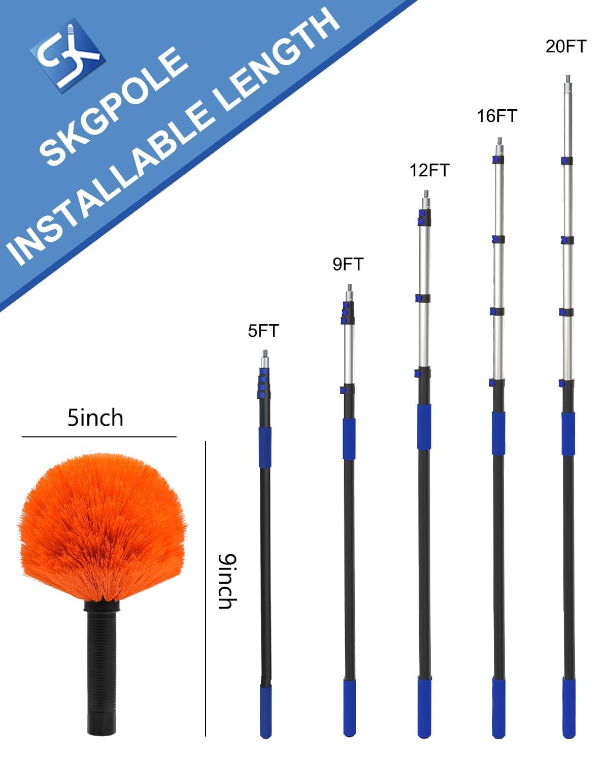 SKGPOLE 5-20 Foot Cobweb Duster with Telescopic Extension Pole, 26 Foot High Reach Aluminium Heavy Duty Sturdy Telescoping Pole, Medium Stiff Bristles Spider Web Brush for Outdoor & Indoor Cleaning