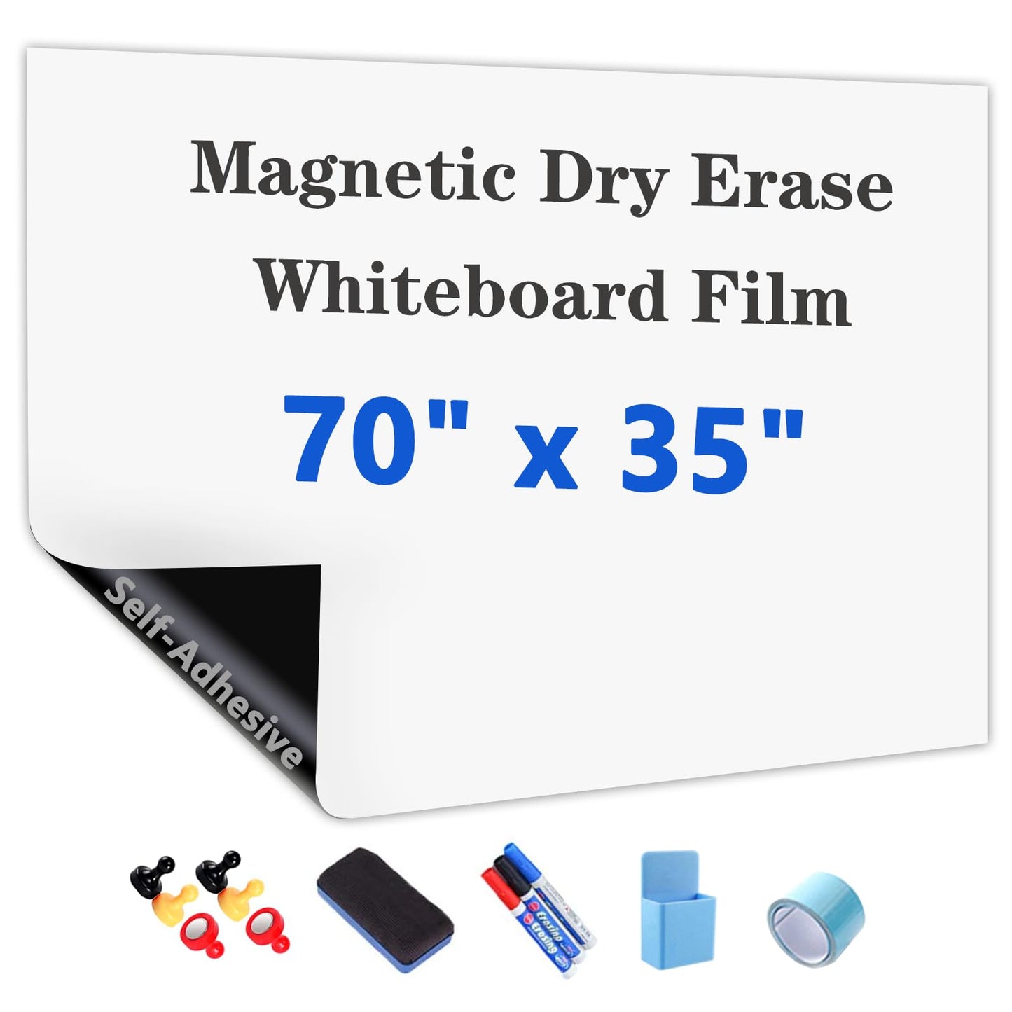 JUMUBOARD Magnetic Whiteboard Contact Paper 180 x 90 cm (~70" x 35") Adhesive Magnetic Dry Erase White Board Sticker for Wall, Peel and Stick Wallpaper, Include Marker, Magnetic Eraser and Magnets